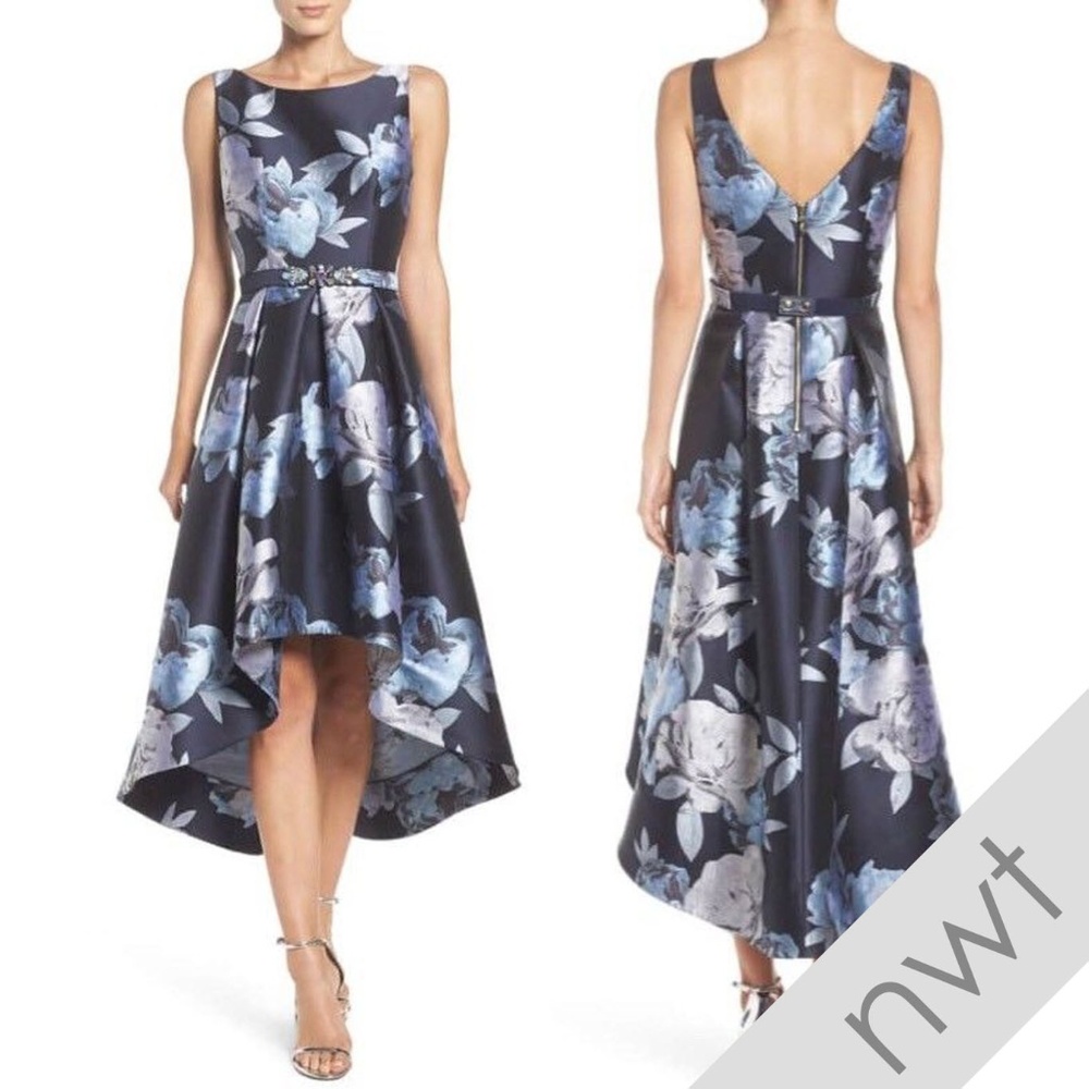 Eliza J blue floral high low belted gown, Size 10